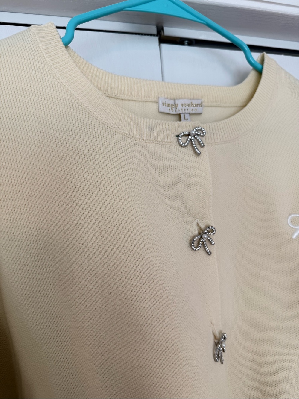 Simply Southern Cream Cardigan with Rhinestone Bow Buttons